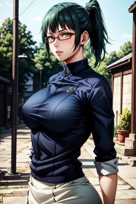 best quality, masterpiece, 1girl, (solo:1.1), raytracing, ultra detailed,detailed face, 8k wallpaper, wide hips, <lora:more_details:0.5>, ZeninMakiNDV, 1girl, green hair, yellow eyes, large breasts, ponytail, glasses, jujutsu uniform, jacket, skirt, outdoor, from side, looking at viewer,  <lora:ZeninMakiNDV:0.7>