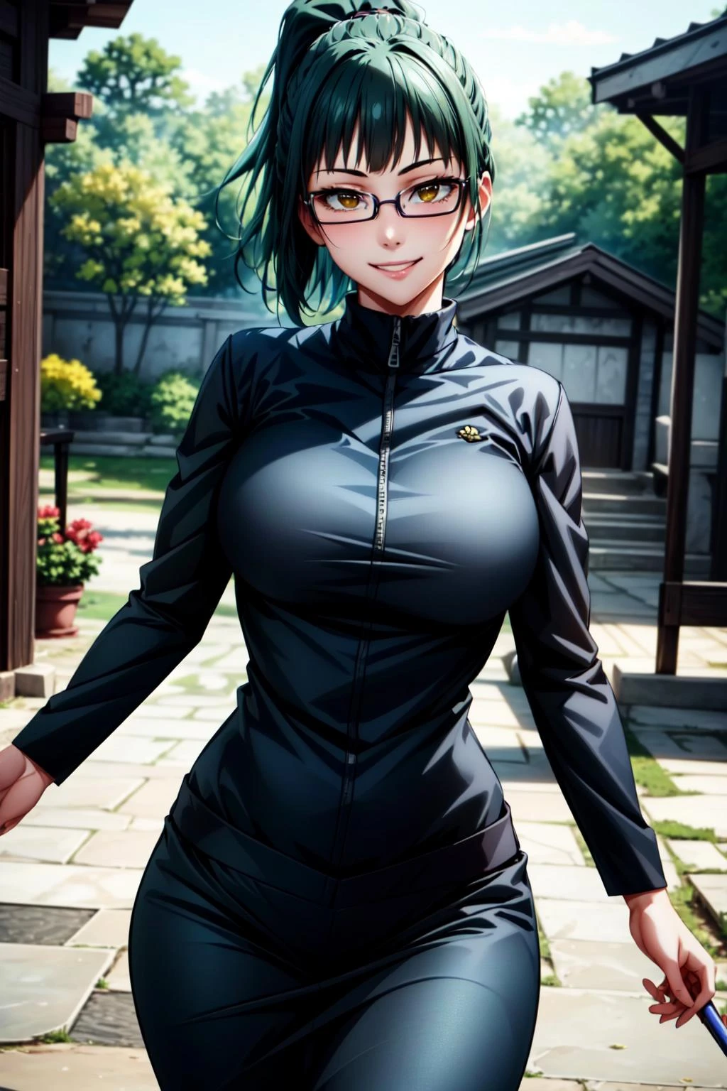 best quality, masterpiece, 1girl, (solo:1.1), raytracing, ultra detailed,detailed face, 8k wallpaper, wide hips, <lora:more_details:0.5>, ZeninMakiNDV, 1girl, green hair, yellow eyes, large breasts, ponytail, glasses, jujutsu uniform, jacket,black skirt, outdoor, smile, looking at viewer, <lora:ZeninMakiNDV:0.7>