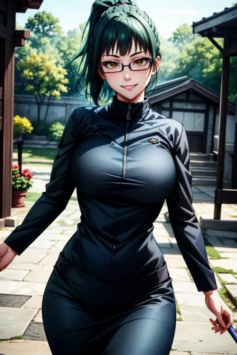 best quality, masterpiece, 1girl, (solo:1.1), raytracing, ultra detailed,detailed face, 8k wallpaper, wide hips, <lora:more_details:0.5>, ZeninMakiNDV, 1girl, green hair, yellow eyes, large breasts, ponytail, glasses, jujutsu uniform, jacket,black skirt, outdoor, smile, looking at viewer,  <lora:ZeninMakiNDV:0.7>