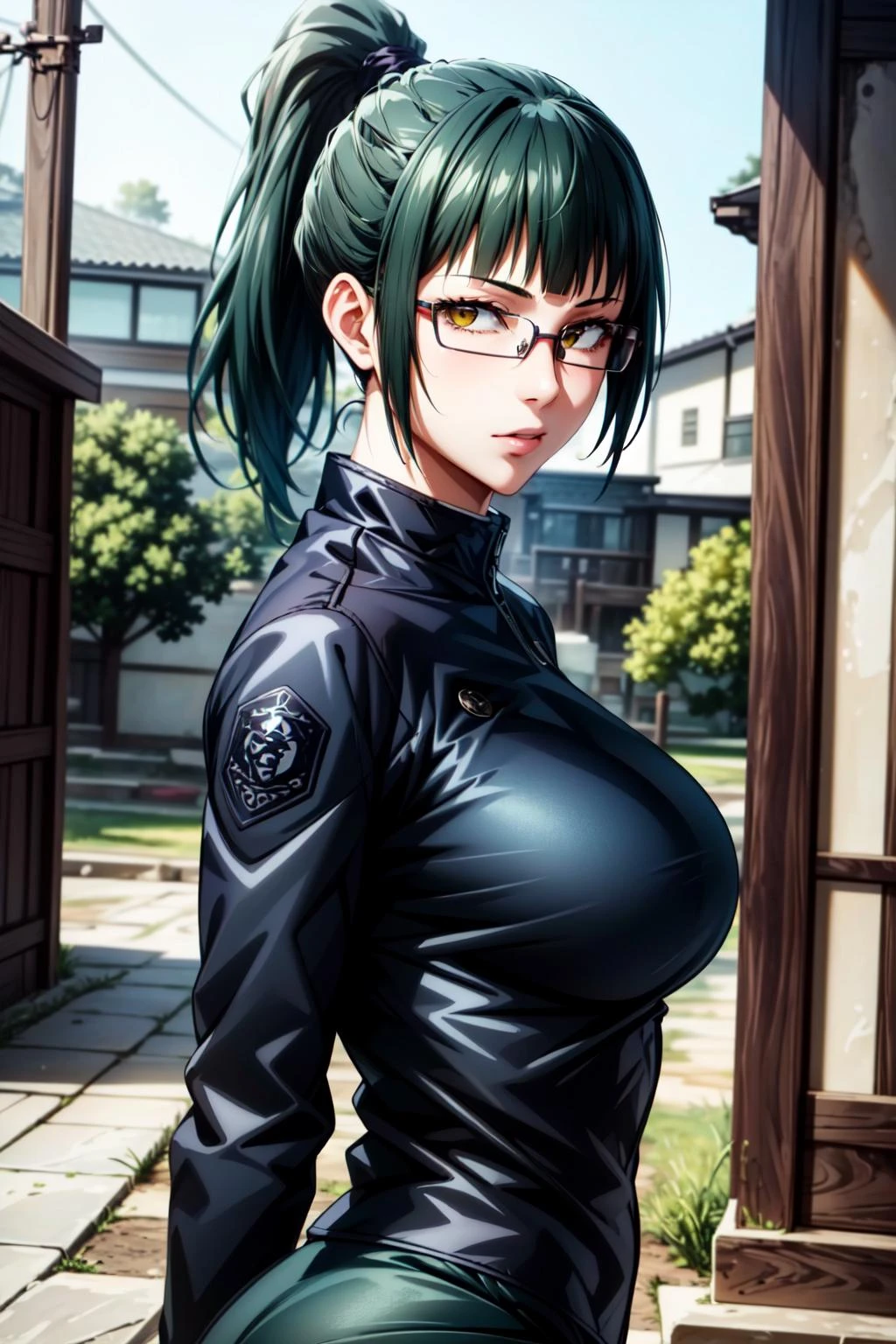 best quality, masterpiece, 1girl, (solo:1.1), raytracing, ultra detailed,detailed face, 8k wallpaper, wide hips, <lora:more_details:0.5>, ZeninMakiNDV, 1girl, green hair, yellow eyes, large breasts, ponytail, glasses, jujutsu uniform, jacket, skirt, outdoor, from side, looking at viewer, <lora:ZeninMakiNDV:0.7>