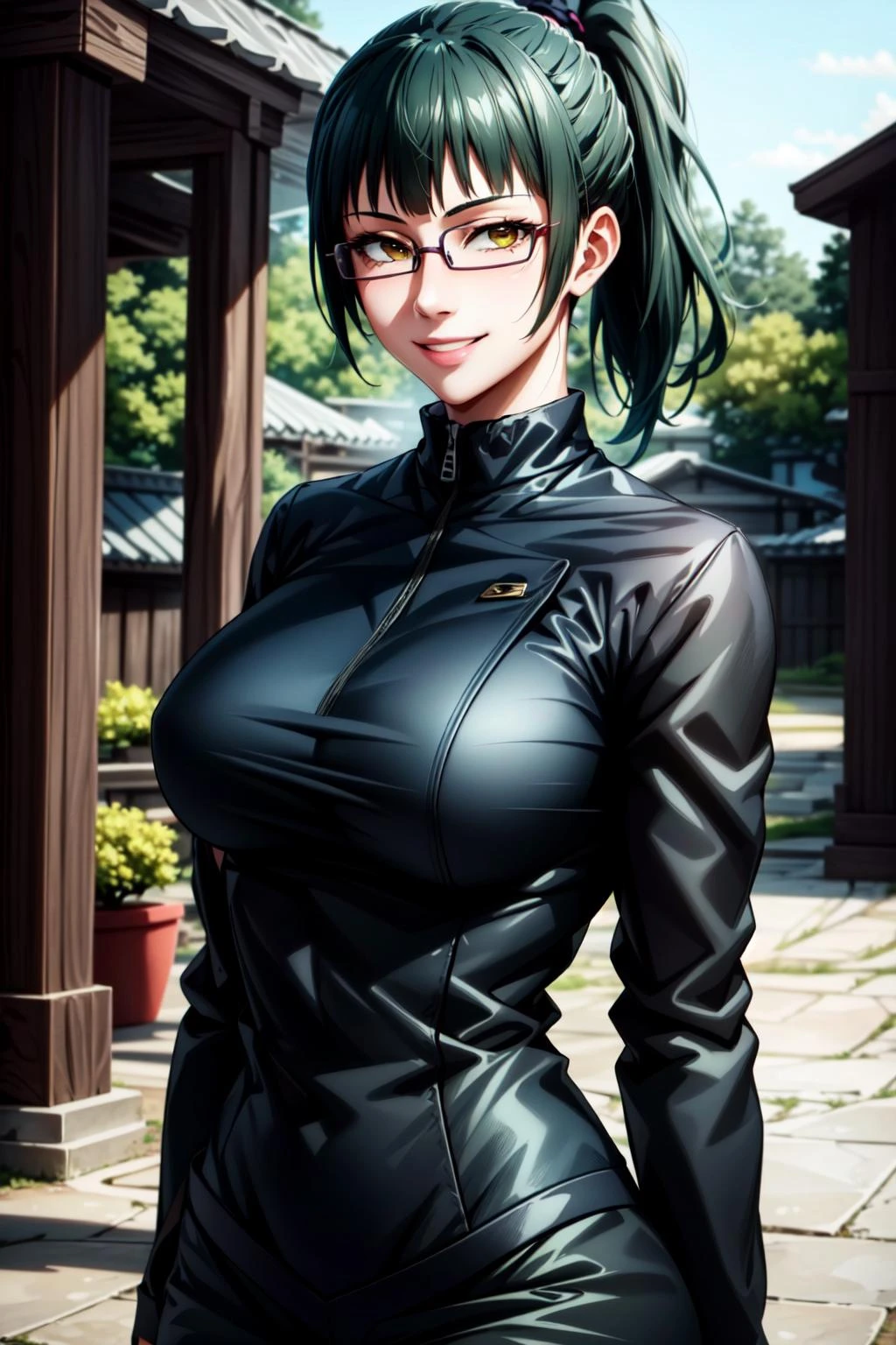 best quality, masterpiece, 1girl, (solo:1.1), raytracing, ultra detailed,detailed face, 8k wallpaper, wide hips, <lora:more_details:0.5>, ZeninMakiNDV, 1girl, green hair, yellow eyes, large breasts, ponytail, glasses, jujutsu uniform, jacket,black skirt, outdoor, smile, looking at viewer, <lora:ZeninMakiNDV:0.7>
