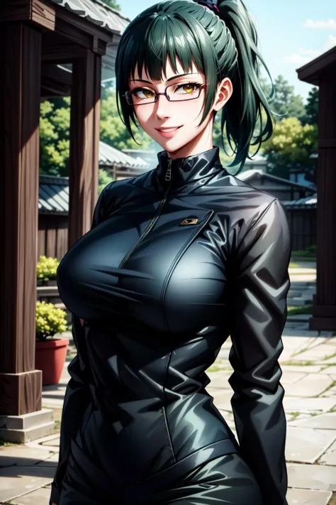 best quality, masterpiece, 1girl, (solo:1.1), raytracing, ultra detailed,detailed face, 8k wallpaper, wide hips, <lora:more_details:0.5>, ZeninMakiNDV, 1girl, green hair, yellow eyes, large breasts, ponytail, glasses, jujutsu uniform, jacket,black skirt, outdoor, smile, looking at viewer,  <lora:ZeninMakiNDV:0.7>