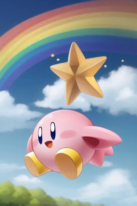 flying, kirby, sky, clouds, rainbow, happy, blob, star <lora:nonhumans:0.8>