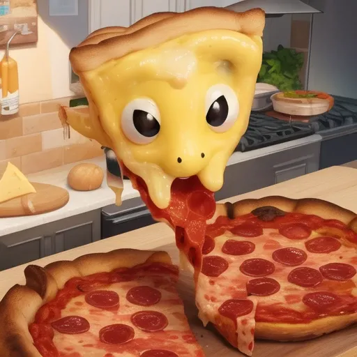 (food creature:1.1), (pizza slice:0.9), cheese, pepperoni, crust, melting, yellow skin, smile, indoors, sitting, chair, kitchen <lora:nonhumans:0.6>