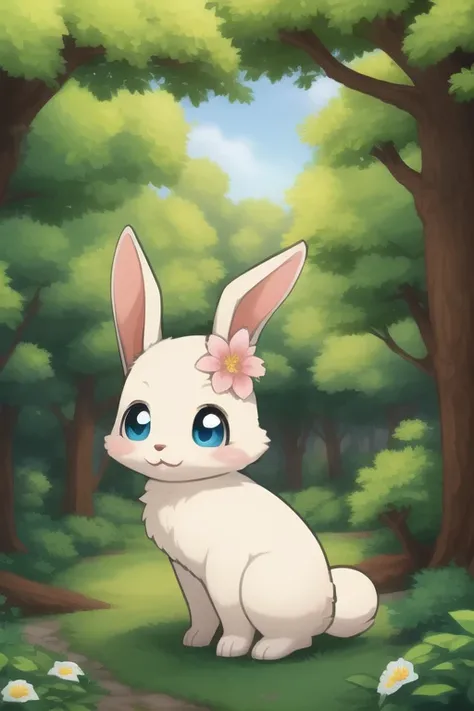 feral lagomorph, forest, day, flower, kawaii <lora:nonhumans:0.8>