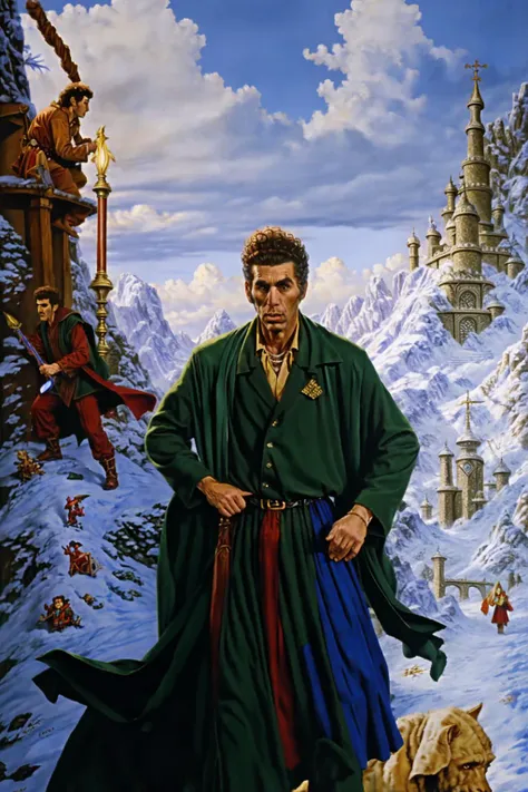 painting of a man in a green coat and a dog in a snowy landscape