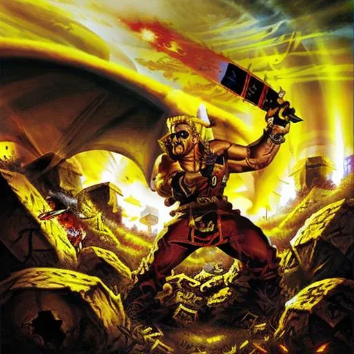 Duke Nukem fighting an orc,dragonlance, <lora:dukeNukemLORA_v1:1>