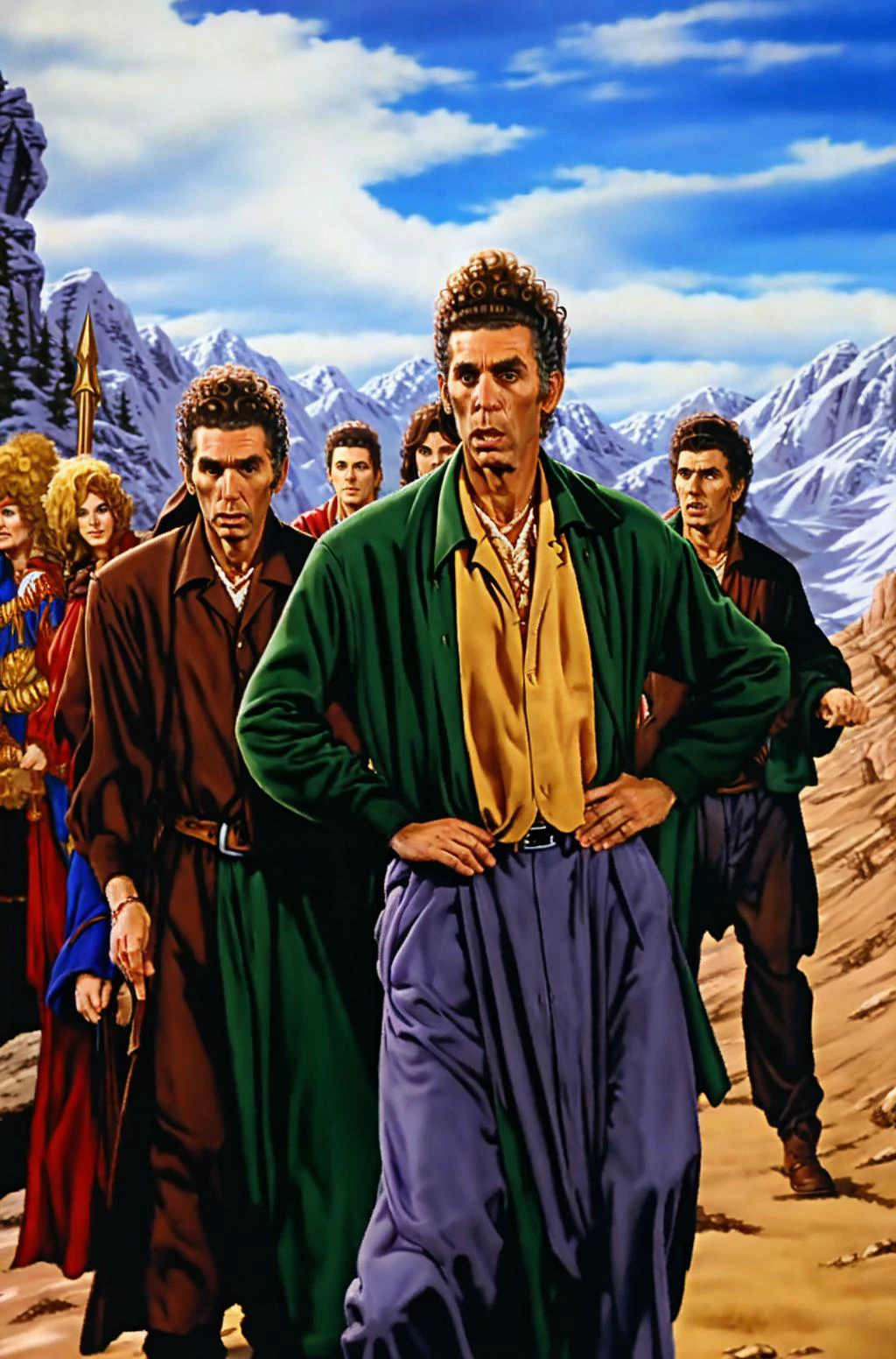 dungeonsanddragons, Mage Kramer leading a procession, <lora:seinfeld_v10:1>