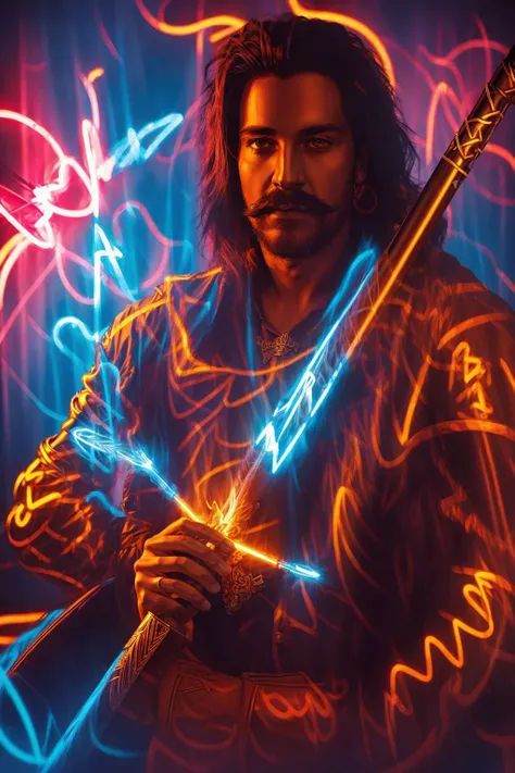 Neon King Arthur with Excalibur, <lora:neons_v1.1:1> ,fantasy art,classy moustache,