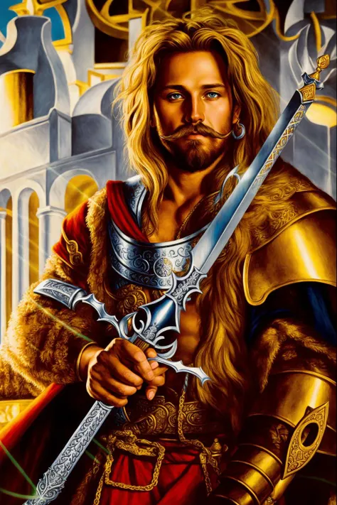 King Arthur with Excalibur, fantasy art,classy moustache,