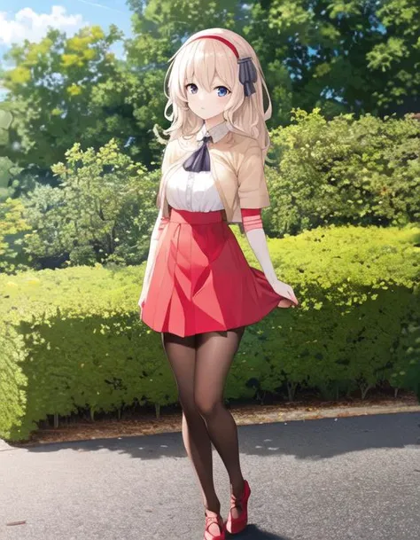 <lora:Leander:1>,Leander,Blouse,stoking,long glove,red Skirt,outdoors, standing,