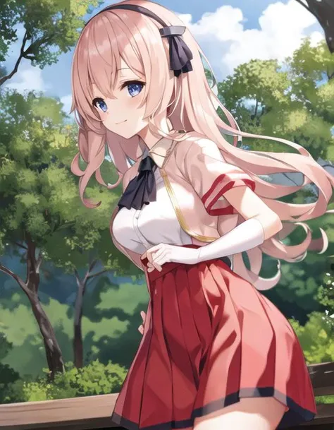 <lora:Leander:1>,Leander,Blouse,stoking,long glove,red Skirt,outdoors, standing,