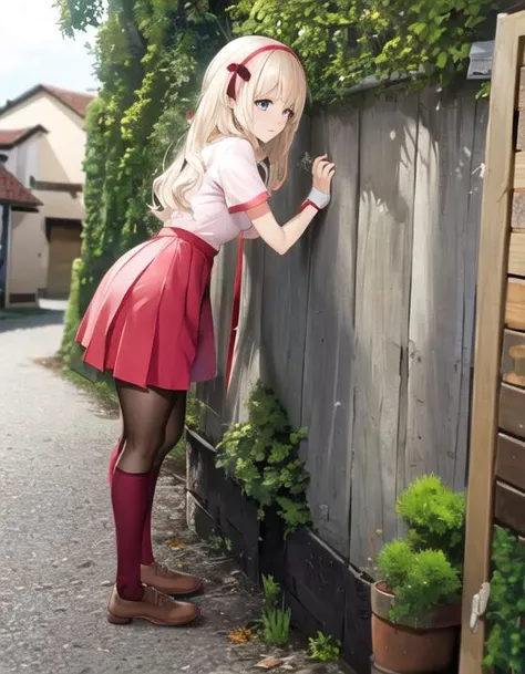 <lora:Leander:1>,Leander,Blouse,stoking,long glove,red Skirt,outdoors, standing,