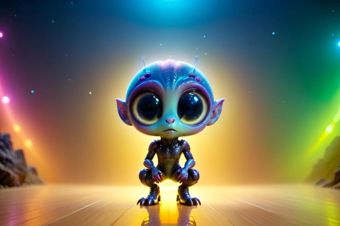 (cute:1.2) alien creature full-body, neon glow colors, highly intricate details, 3d, cgi, realistic light, trending on cgsociety, glowing eyes, facing camera, neon details, ultra realistic details, portrait, sci fi atmosphere, global illumination, shadows, octane render, 8 k, ultra sharp, sitting <lora:XL_symmetrical:0.8> symmetrical <lora:zhibi-sdxl:0.8> zhibi <lora:bigeyes-v2_16x8-4x1:1.8> big eyes, subsurface scattering, ultra hd, 4k, high def, Photorealistic, Hyperrealistic, Hyper detailed, analog style, realistic, masterpiece, best quality, ultra realistic, 8k, Intricate, High Detail, film photography, soft lighting, heavy shadow