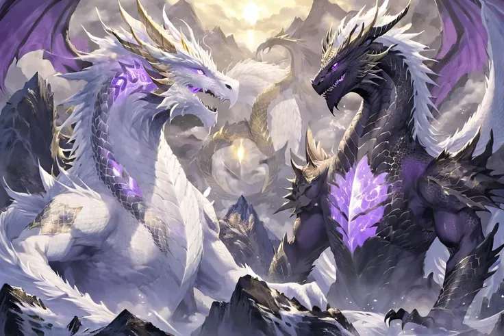 two dragon,white dragon,black dragon,BJ_Sacred_beast,classic dragon,white dragon,gold dragon,Holy Light,mizutsune,purple, Still,symmetrical,(muscular:0.8),upper_body,mountain,<lora:JuggerCineXL2:0.1>,<lora:Classic Western Dragons XL:1.1>,<lora:SDXL_Sacred_beast:0.4>,<lora:add-detail-xl:0.8>,<lora:symmetrical:0.4>,<lora:xl_more_art-full_v1:0.8>,