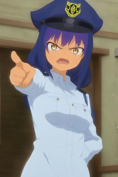 <lora:Jahy_Final:1>, masterpiece,best quality,1girl,solo, jahy_mature,yellow eyes,medium breasts,police uniform,small police hat,angry,
nice hand,good hand,pointing on viewer,