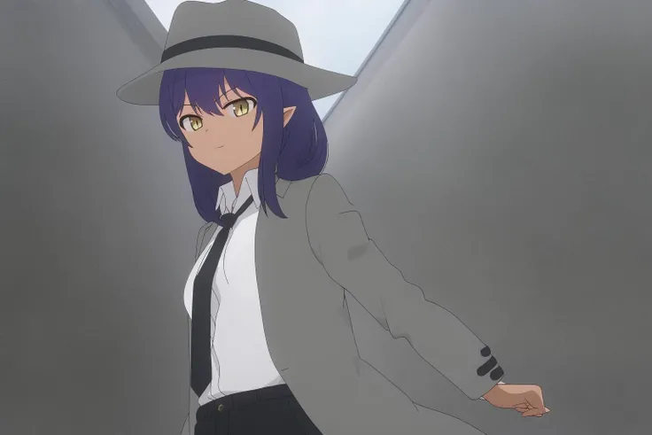 <lora:Jahy_Final:1>,
masterpiece,best quality,1girl,solo,nice hand,good hand,outdoors,
jahy_mature,yellow eyes,grey coat,fedora hat,small hat,office shirt,tie,pants,medium breasts,