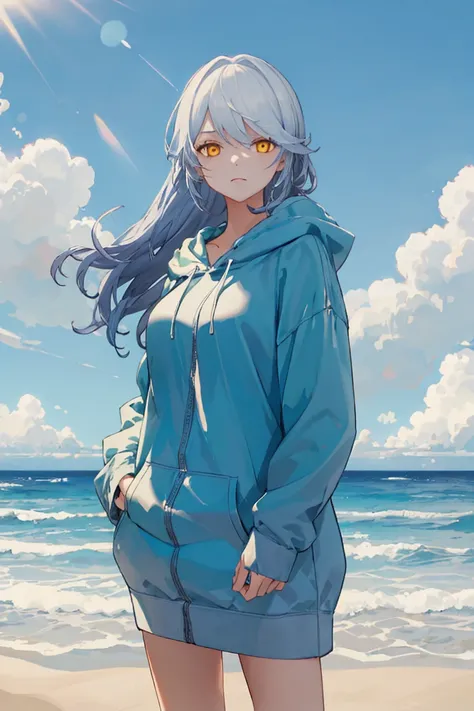 LYFE, NakedHoodie, blue_hair, long hair, yellow_eyes, 1girl, solo, standing, cowboy shot, looking at viewer, outdoors, day, beach, ocean, cloud, summer, dappled_sunlight, (masterpiece,best quality,beautiful and aesthetic:1.2), <lora:LYFE-V2:1> <lora:裸ä½å«è¡£NakedHoodieV1:1>