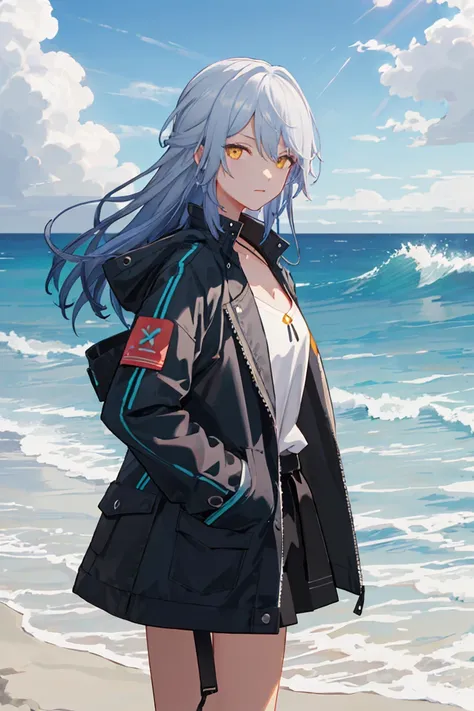 LYFE, open coat, , blue_hair, long hair, yellow_eyes, 1girl, solo, standing, cowboy shot, looking at viewer, outdoors, day, beach, ocean, cloud, summer, dappled_sunlight, (masterpiece,best quality,beautiful and aesthetic:1.2), <lora:LYFE-V2:1>