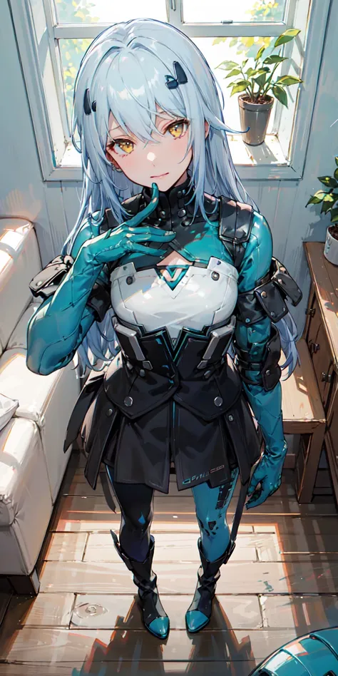 LYFEB, tactical_bodysuit, asymmetrical_leggings, hairclip, gloves, boots, light_blue_hair, long_hair, yellow_eyes, looking at viewer, naughty face, 1girl, from_above, POV, standing, living_room, day, dappled_sunlight, window, blue_sky, (masterpiece,best quality,beautiful and aesthetic:1.2), <lora:LYFEB-v1:0.7>