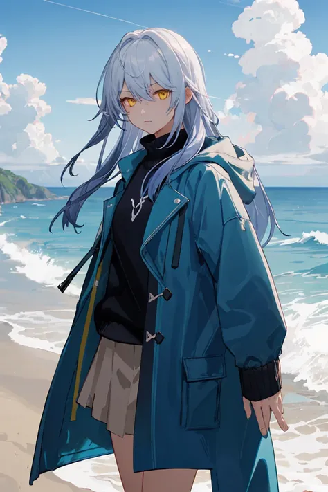 LYFE, open coat, from_front ,  blue_hair, long hair, yellow_eyes,    1girl, solo, standing, cowboy shot,   looking at viewer, outdoors,  day, beach, ocean, cloud, summer,    dappled_sunlight,  (masterpiece,best quality,beautiful and aesthetic:1.2),     <lora:LYFE-V2:1>
