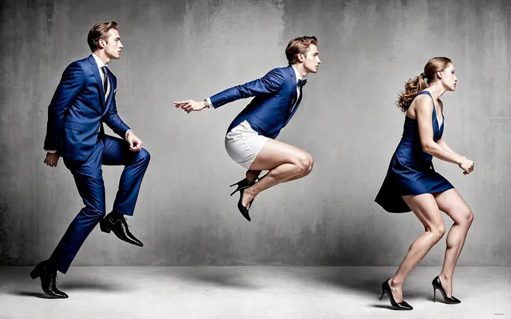 (masterpiece photo), (3seq:1.5), man wearing a suit, woman wearing a dress <lora:tf-000007:0.8>, white backdrop