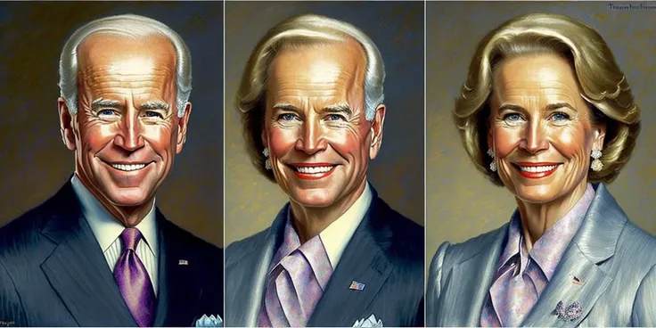 (Masterpiece Painting:1) of (7seq:1.5), (portrait:1.5) of joe biden wearing a suit, female joe biden wearing a dress, <lora:tf-000007:0.7>,(by Artist Thomas Kinkade:1.3)