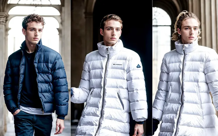 (3seq:1.5), (masterpiece photo), man wearing a white balenciaga puffer jacket and jeans, woman wearing a white balenciaga puffer dress <lora:tf-000007:0.8>