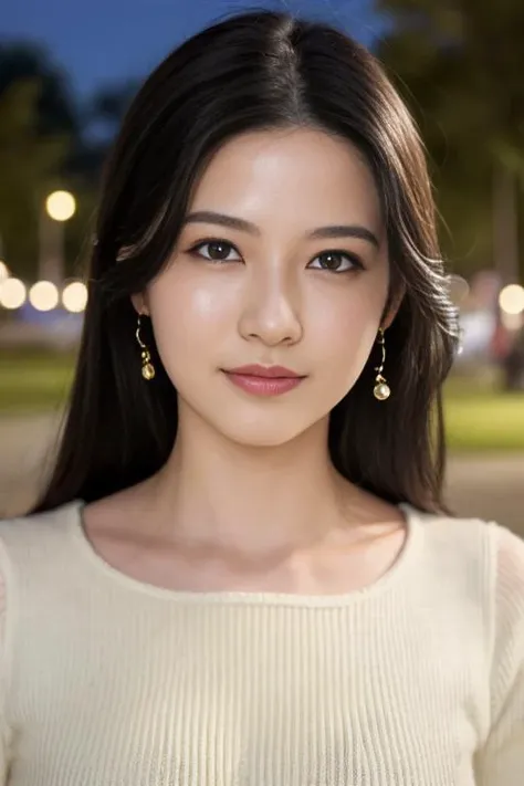 1girl,(wearing a sweater:1.2),(RAW photo, best quality), (realistic, photo-realistic:1.4), masterpiece, an extremely delicate and beautiful, extremely detailed, 2k wallpaper, Amazing, finely detail, extremely detailed CG unity 8k wallpaper, ultra-detailed, highres, soft light, beautiful detailed girl, extremely detailed eyes and face, beautiful detailed nose, beautiful detailed eyes,cinematic lighting,city lights at night,autumn scenery,at a park,perfect anatomy,slender body,smiling <lora:hattaemily_lora:0.8>,full body