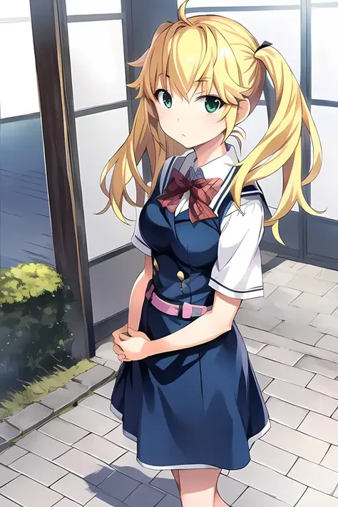 matsushima michiru, 1girl, best quality, masterpiece, blonde hair, green eyes, expressionless, school uniform, looking at mirror, full length mirror, <lora:Matsushima_Michiru:0.7>