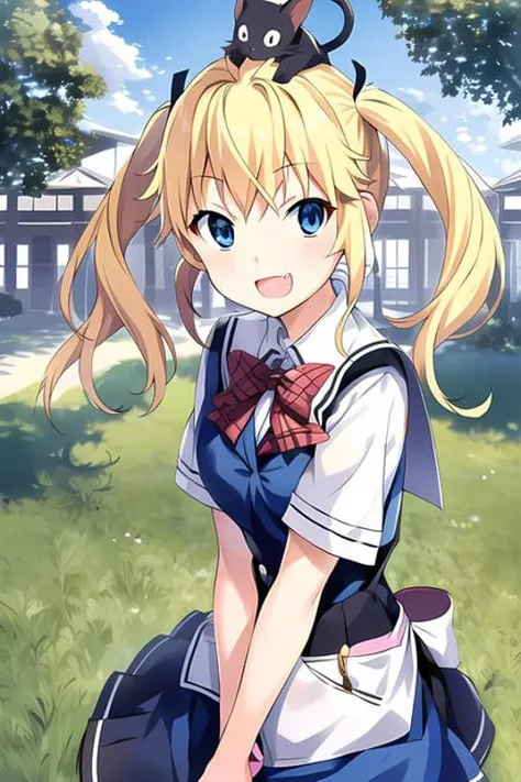 matsushima michiru, 1girl, best quality, masterpiece, blonde hair, blue eyes, school uniform, looking up, laughing, fang, black cat on head, <lora:Matsushima_Michiru:0.7>