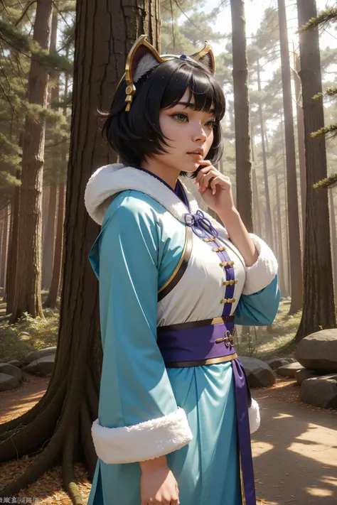 1girl, 8k Cosplay Photograph, intricate details, Guilty, Street level shot of a Smart Masculine overweight Qing Dynasty (Female [Werewolf:Worgen:5]:1.3) , she is surrounded by Pine trees, she is expressing shame as a Eskimo,  concept art, the Eskimo is wearing a Characteristic electric yellow Greek Garment Pajamas that was made by Rolls-Royce, It is very Mint and Lavender, her hair is Moorish and styled as Bowl cut, she has a Futuristic Japanese Mint and Lilac Cat Ears, Fitness Tracker, dense forest and nature, Fall, soft focus, installation art, (art by Cai Guo-Qiang:1.3) , Dynamic, Relaxed, Solarpunk Art, side lit, Fast Shutter Speed, film camera, 800mm lens, High Contrast, Magic the gathering, Kintsugi, detailed face, perfect skin, Unsplash, arthouse