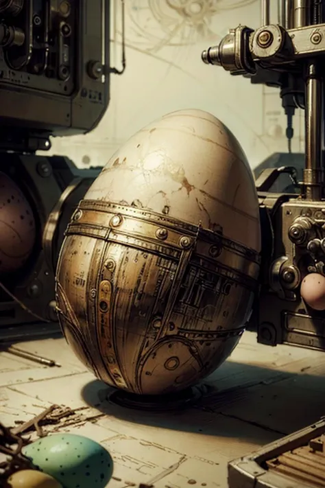 masterpiece, (realistic:1.5), <lora:DaVinciTech:1> scifi, davincitech, by leonardo da vinci, (easter egg:1.5), messy environment