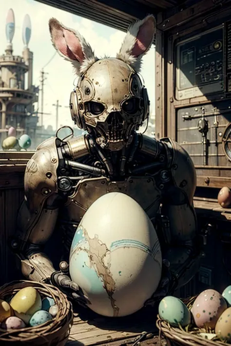 masterpiece, (realistic:1.5), <lora:DaVinciTech:.9> davincitech, (easter egg:1.5), messy environment