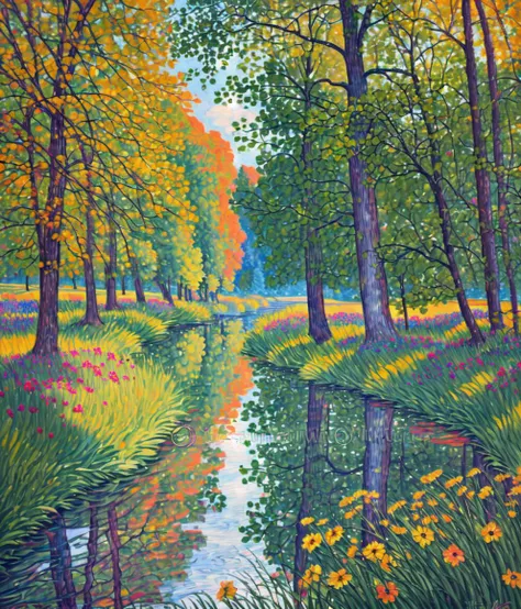 a meandering river through a lush deciduous forest,wildflowers growing at the riverside, the sun is reflected in the water. painting mixed styles. monet, van gogh, rembrandt, mondrian, loose touch <lyco:Mangled_Merge_Lyco:1.0>
