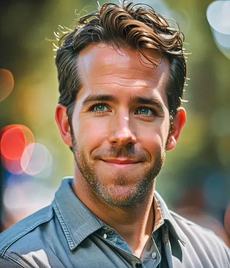 an analog photograph of ryan reynolds, RAW photo, [:highly detailed eyes, ((detailed face)):.25], 10mm focal length half body shot, front facing, (detailed skin:1.2), shallow depth of field, cinematic lighting, reflections, photographed on a Canon EOS R5, HDR, 8k resolution, vibrant colors, smiling, Day time, best quality, professional, majestic, masterpiece <lyco:Mangled_Merge_Lyco:1.0>