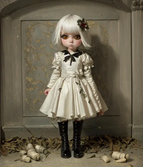 mummy's little horror princess white hair big black eyes white dress boots. evil beauty contest. mark ryden, ashley wood, jeremy geddes,michael whelan, mab graves, oil painting <lyco:Mangled_Merge_Lyco:1.0>