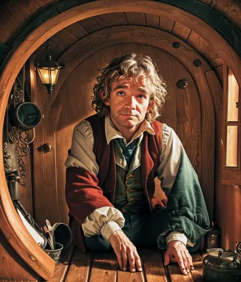 Martin Freeman as Bilbo Baggins or the Hobbit There and Back Again, barefoot, cinematic, against the backdrop of Mount Erebor Fantasy