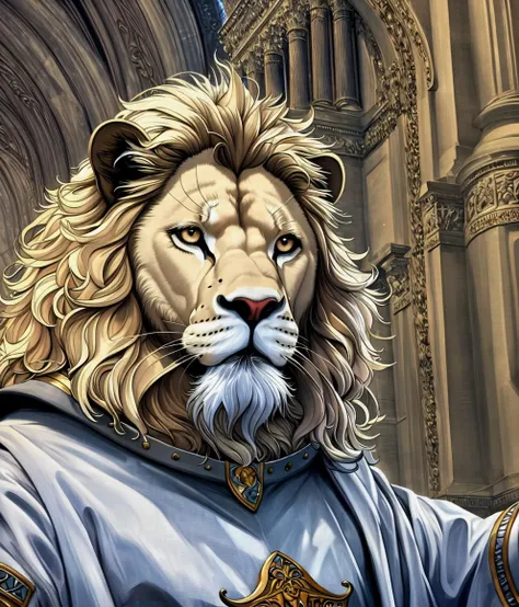 a realistic image of a white anthropomorphic lion with a beard wearing knight's armor, father time, CHV3CAnthro, perfect composition, Professional, masterpiece, commissioned, best quality, Color Corrected, fixed in post, emended, ameliorated, idyllic<lyco:Mangled_Merge_Lyco:1.0>