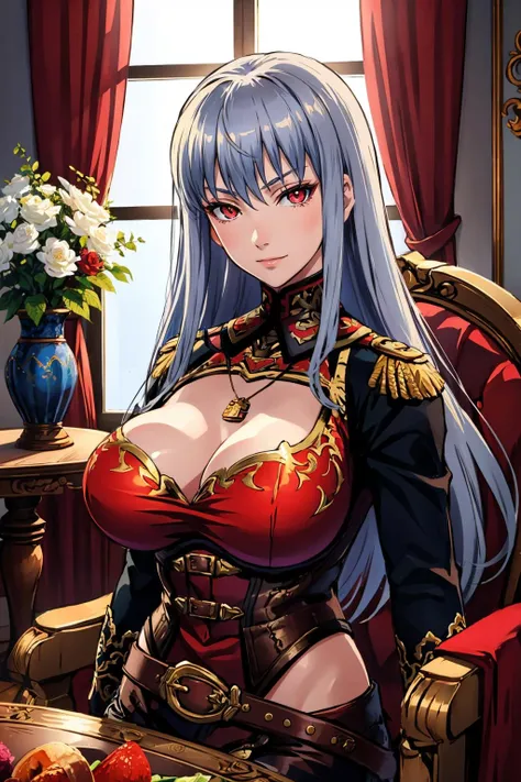 masterpiece, best quality, <lora:brunhilde-nvwls-v1-000007:0.8> brunhilde, red eyes, military uniform, necklace, cleavage cutout, belt, upper body, large breasts, sitting, mansion, curtains, fancy chair, table, vase, upholstery, looking at viewer, slight smile