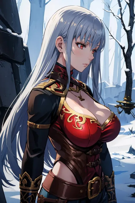 masterpiece, best quality, <lora:brunhilde-nvwls-v1-000007:0.8> brunhilde, red eyes, military uniform, necklace, cleavage cutout, belt, upper body, large breasts, walking, from side, winter, tundra, alpine forest, emotionless