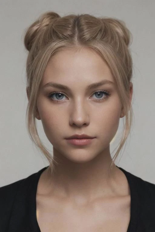 an eye contact of a blond with bun hair and dark theme