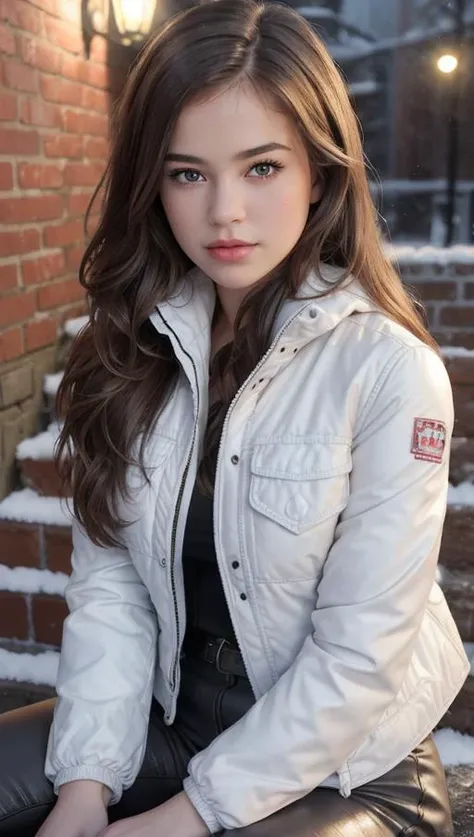 (hyper-realistic),(hight resolution),(8K),(ighly detailed),(beatiful detailed eyes),(top-quality),(ultra-detailliert),(âmasterpiece),(A detailed face),((solo)),1girl,soft focus,young woman,(long hair),analog photo,a cute girl,20 years old,light brown hair,color,seductive smile,(Gingham check shirt),dark red leather pants,((white Down jacket)),snow scene,snowy landscape,at night foggy street,(( sitting on the brick steps:1,4)),face focus,medium shot,JuliaAdamenko,