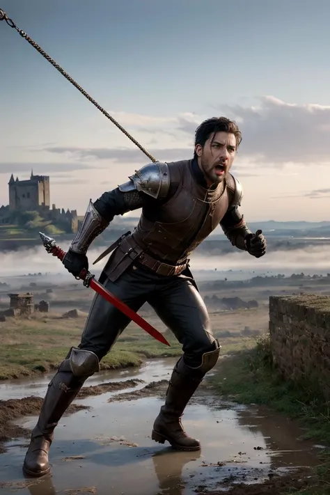 (masterpiece, best quality), a full body dynamic pose, cinematic shot, combat, photo of a (shouting masculine man, (short dark hair), angry facial expression stubble:1.2) futuristic red/black armor (muddy leather boots, tightly gripping swinging longsword:1.1),
BREAK
muddy path through a ruined medieval town , distant castle in the background, (extremely detailed CG unity 8k wallpaper), photo of the most beautiful artwork in the world, professional photorealistic picture, trending on ArtStation, trending on CGSociety, Intricate, High Detail, Sharp focus, dramatic, photorealistic painting art by midjourney looking at viewer, detailed eyes, (perfect eyes) ((detailed realistic skin, life-like detailed realistic face)), fantasy,