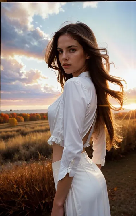 (analog photo:1.2),((dynamic pose:1.2),(dynamic camera),(27 yo Ashkenazi  Ukrainian 
woman with long hair)BREAK(sunrays, sunset, sky clouds (hdr:1.1),(high quality, film grain), (natural colors, correct white balance, color correction, dehaze, clarity), ,(skin texture) (Slightly surreal photo)BREAK[creative consciousness on display], (profound psychological meaning)BREAK ([esoteric features]), ([American Fall Autumn])BREAK [surreal natural lighting], [wide angle lens medium format camera], in the style of [Ralph Lauren] <lora:BetterHands:1> <lora:HDhelper:0.5>