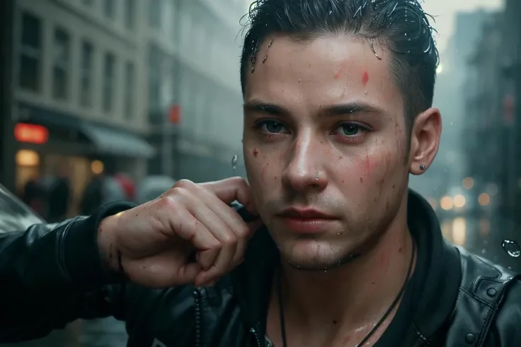 Epic composition, dynamic pose, (masterpiece, best quality), 2boy, 30 year old, chav, rough, dirty, mean, bully, druggie, two boys fist fighting, blood splatter, (streets), rain splashing raindrops puddles, realistic, dramatic lighting, atmospheric, intricate detail, Photorealistic, hyperdetailed, life-like, sharp focus, ((detailed realistic skin, life-like detailed realistic face)),