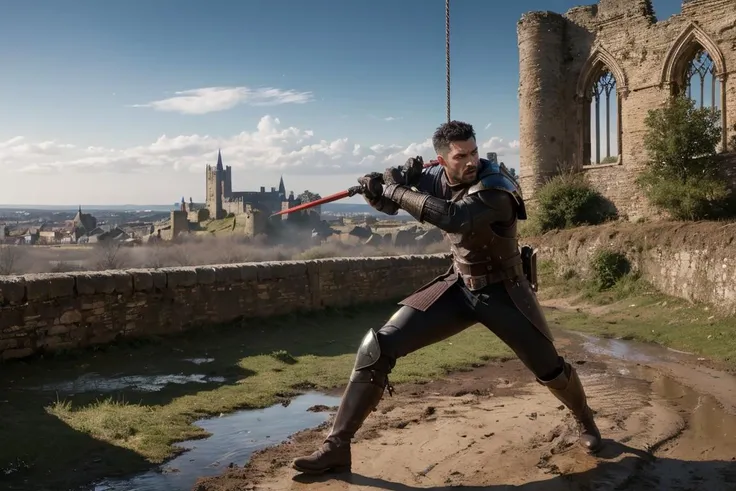 (masterpiece, best quality), a full body dynamic pose, cinematic shot, combat, photo of a (shouting masculine man, (short dark hair), angry facial expression stubble:1.2) futuristic red/black armor (muddy leather boots, tightly gripping swinging longsword:1.1),
BREAK
muddy path through a ruined medieval town , distant castle in the background, (extremely detailed CG unity 8k wallpaper), photo of the most beautiful artwork in the world, professional photorealistic picture, trending on ArtStation, trending on CGSociety, Intricate, High Detail, Sharp focus, dramatic, photorealistic painting art by midjourney looking at viewer, detailed eyes, (perfect eyes) ((detailed realistic skin, life-like detailed realistic face)), fantasy,