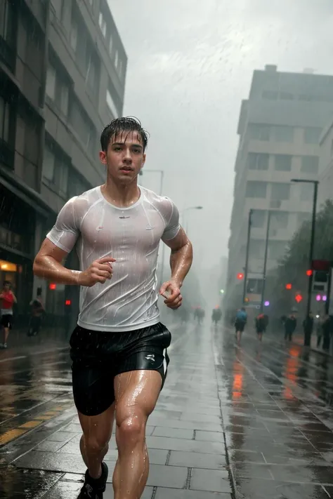masterpiece, best quality, 1boy, athletic twunk, running on sidewalk, sport shorts, trainers, t-shirt, wet, wet clothes, rain, realistic, dramatic lighting, atmospheric, intricate detail, ((street background)),