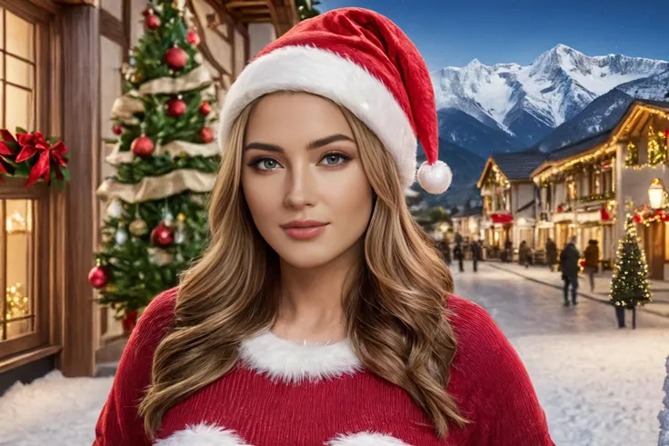<lora:SH_ModelV2:0.8>, masterpiece, a woman, (looking at viewer:1.3), holiday, christmas, christmas tree, christmas ornaments, santa hat, outdoors,mountain, village,