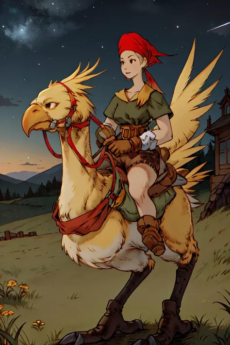 (masterpiece,best quality,absurdres),outside,field,night sky,riding  chocobo, chocobo,1girl,ThiefFFT,red bandana, green shirt, belt, brown shorts, gloves  <lora:FinalFantasy_FemaleThief:0.8> <lora:chocobo-nvwls-v1:1> <lora:FFTJobs:0.8>